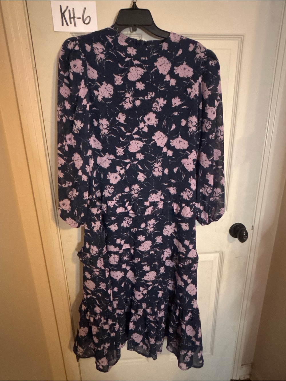 Navy Floral Tiered Long Sleeve Dress with Pink Blooms